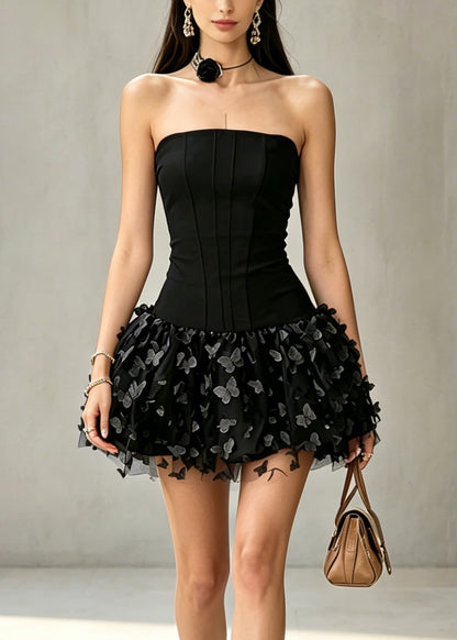 Italian Black Cold Shoulder Tulle Patchwork Mid Dress Sleeveless