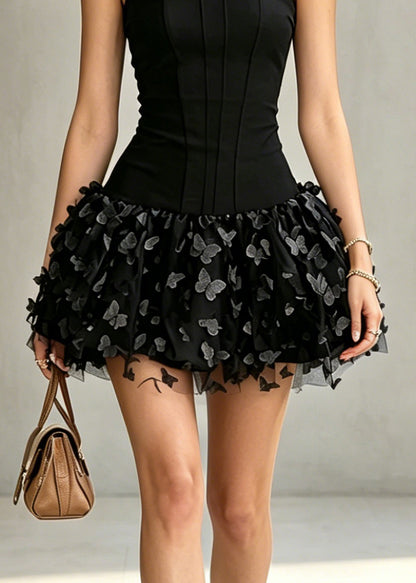Italian Black Cold Shoulder Tulle Patchwork Mid Dress Sleeveless