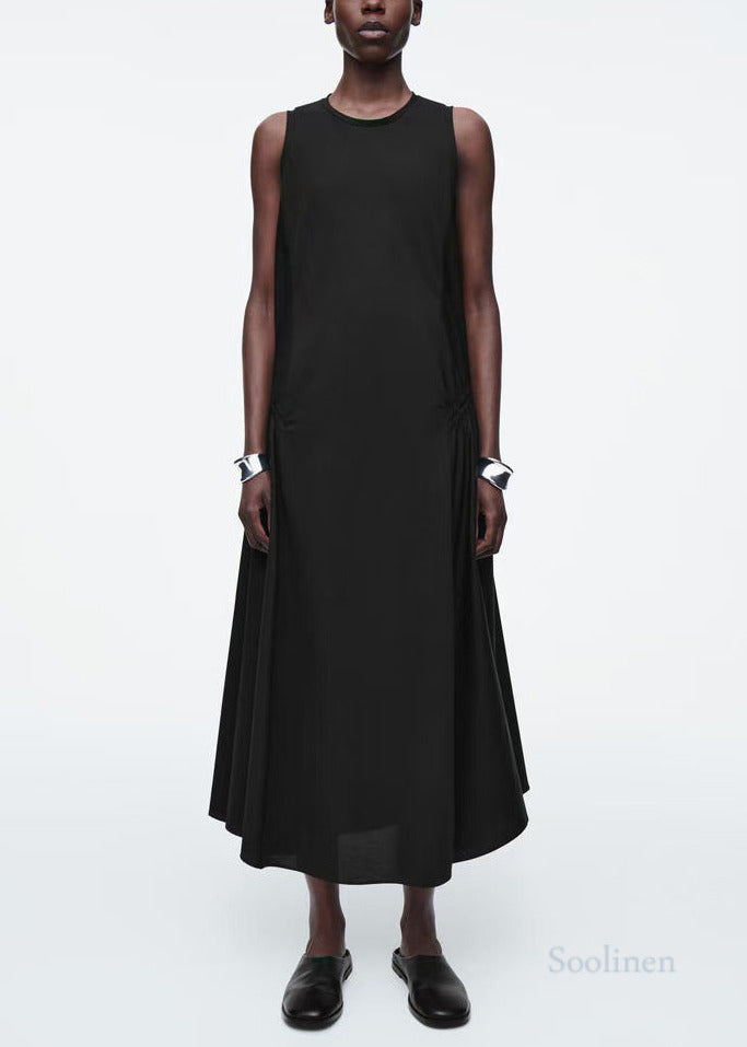 Italian Black Drawstring Cotton Party Dress Sleeveless