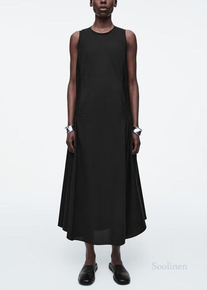 Italian Black Drawstring Cotton Party Dress Sleeveless