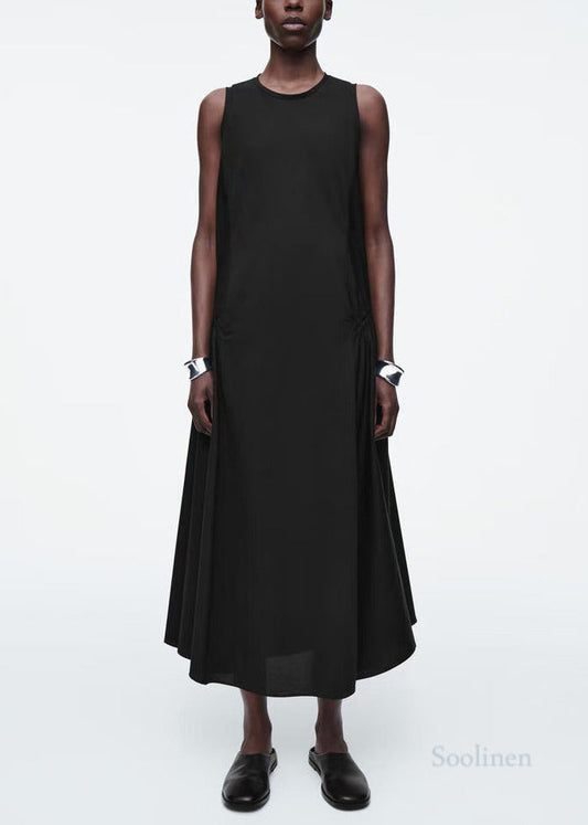 Italian Black Drawstring Cotton Party Dress Sleeveless