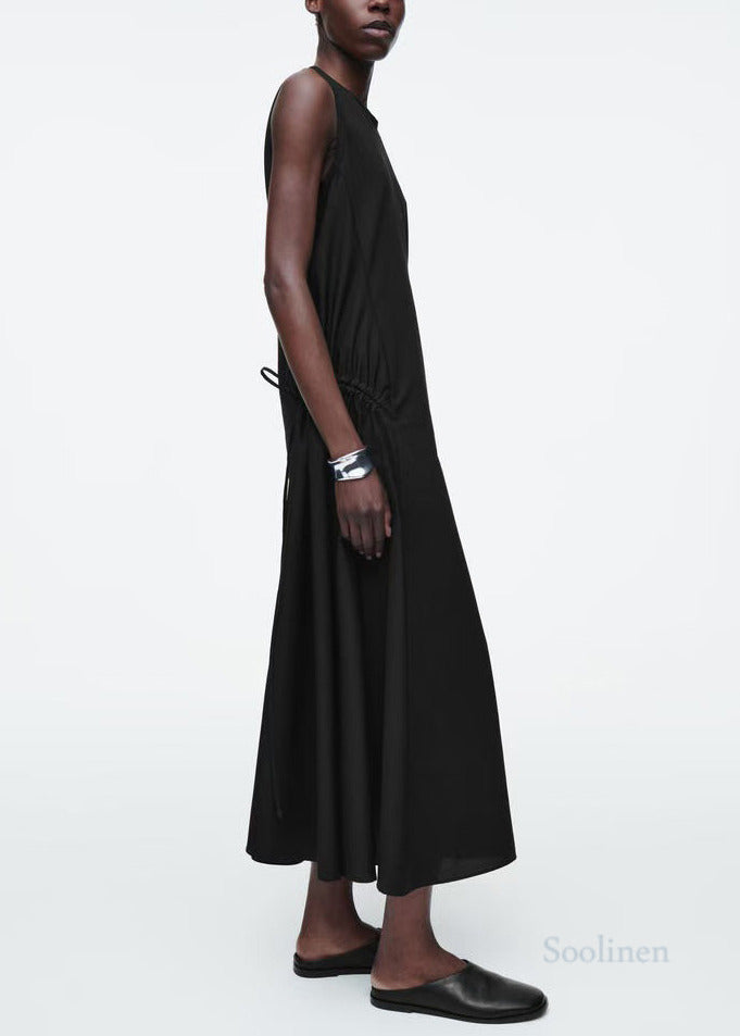 Italian Black Drawstring Cotton Party Dress Sleeveless