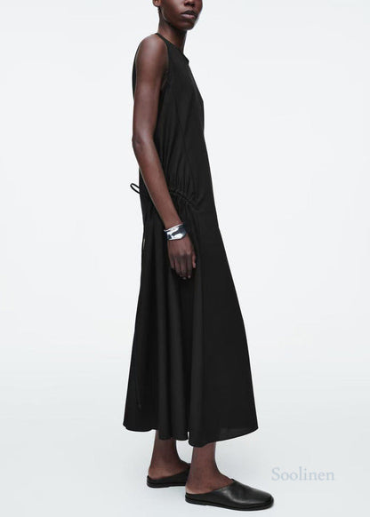 Italian Black Drawstring Cotton Party Dress Sleeveless