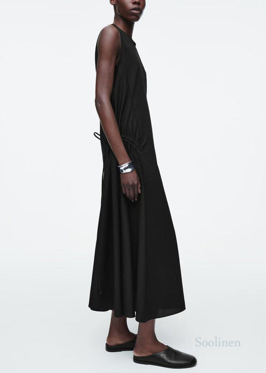 Italian Black Drawstring Cotton Party Dress Sleeveless