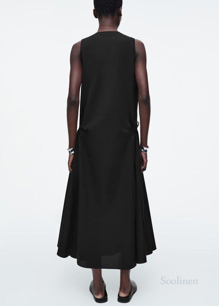 Italian Black Drawstring Cotton Party Dress Sleeveless