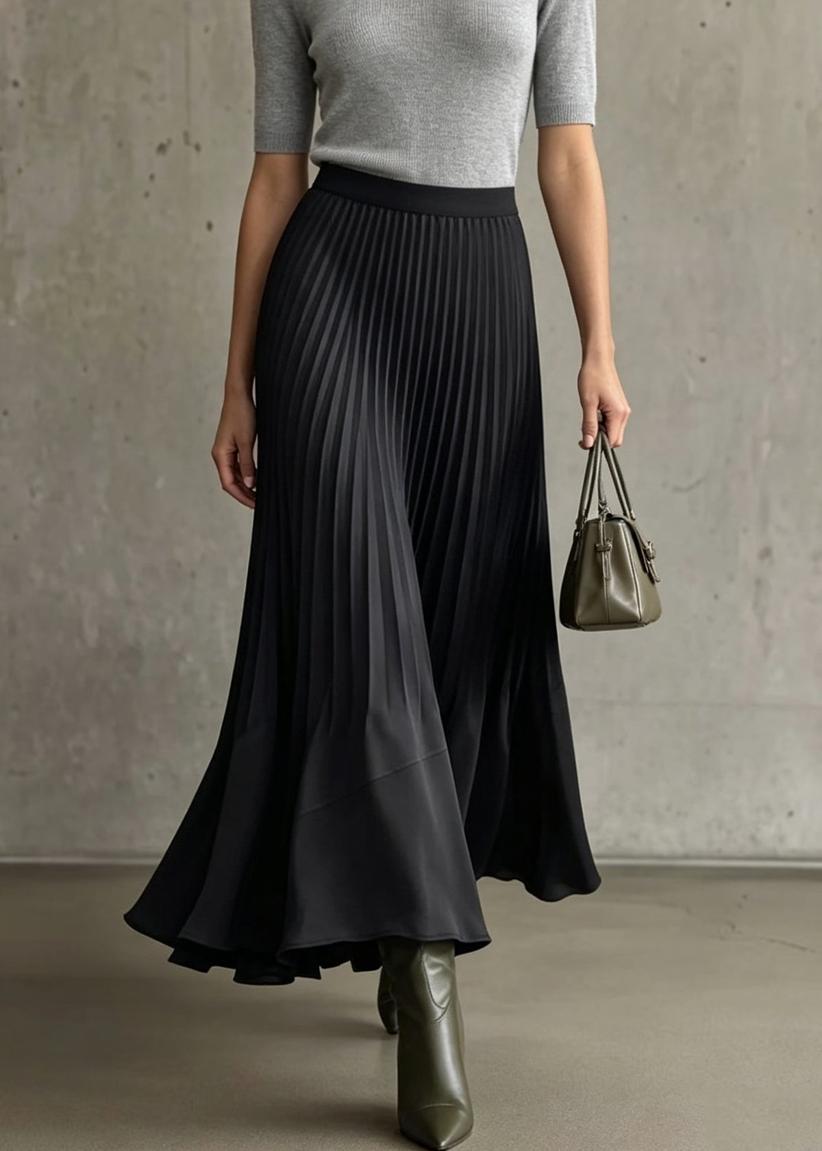 Italian Black Elastic Waist Patchwork Wrinkled Silk Skirt Fall