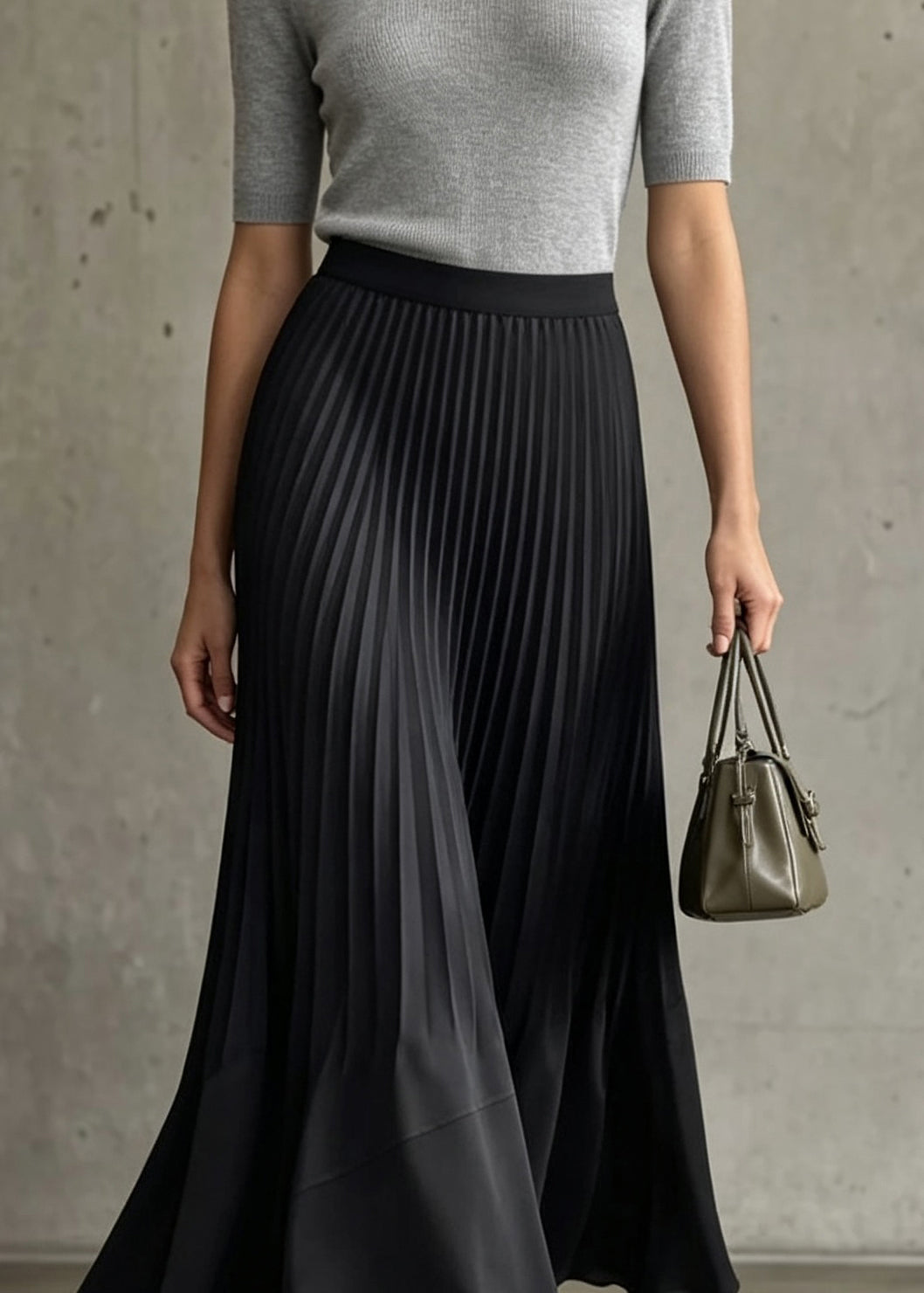 Italian Black Elastic Waist Patchwork Wrinkled Silk Skirt Fall