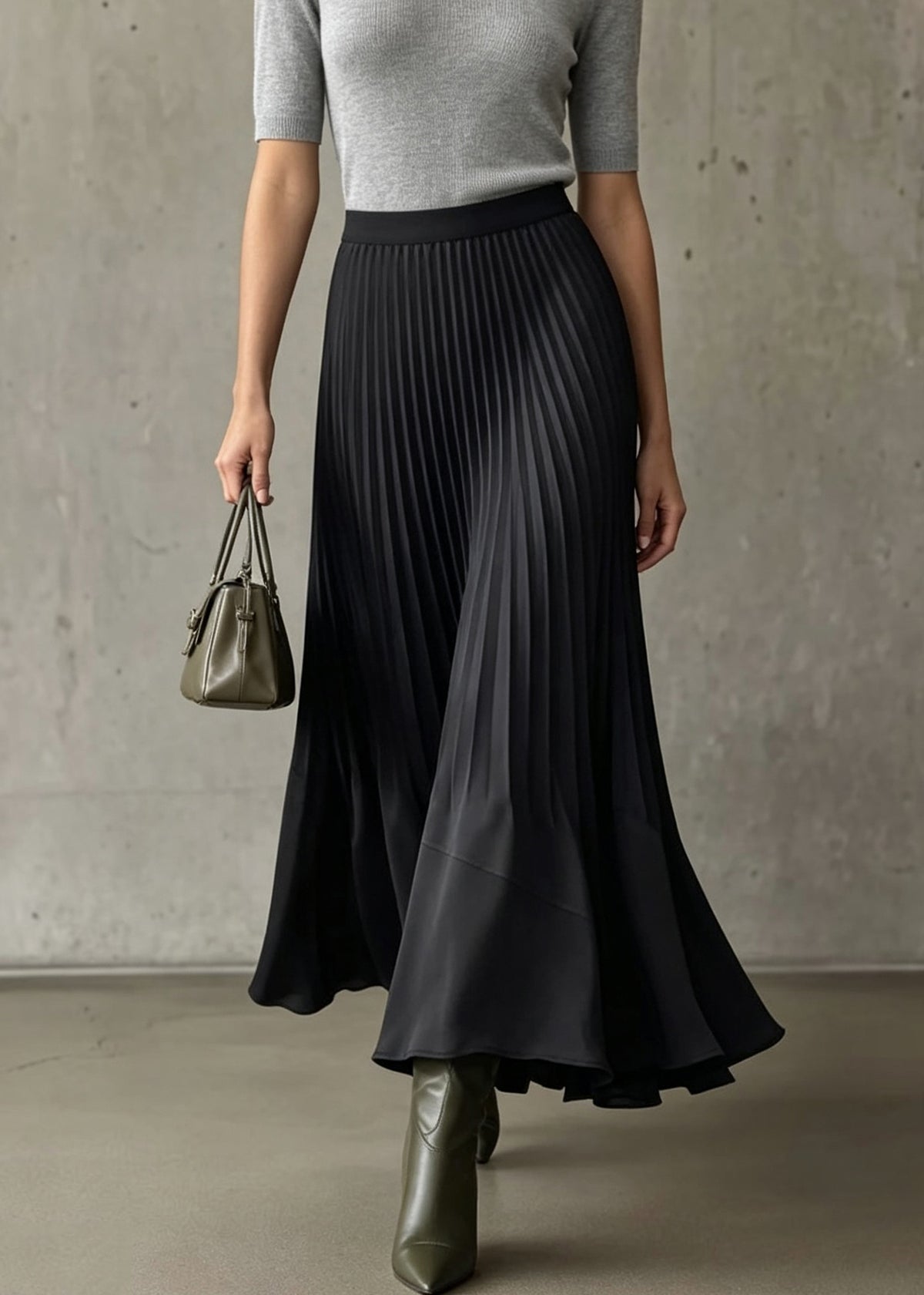 Italian Black Elastic Waist Patchwork Wrinkled Silk Skirt Fall