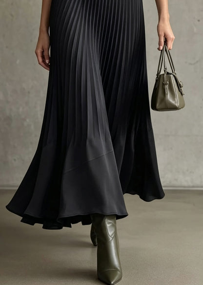 Italian Black Elastic Waist Patchwork Wrinkled Silk Skirt Fall