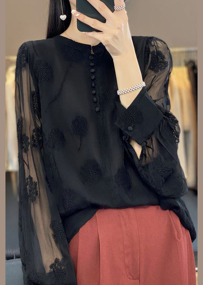 Italian Black Embroidered Button Chiffon Shirt Long Sleeve