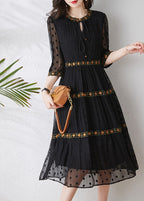 Italian Black Embroidered Exra Large Hem Silk Dress Summer
