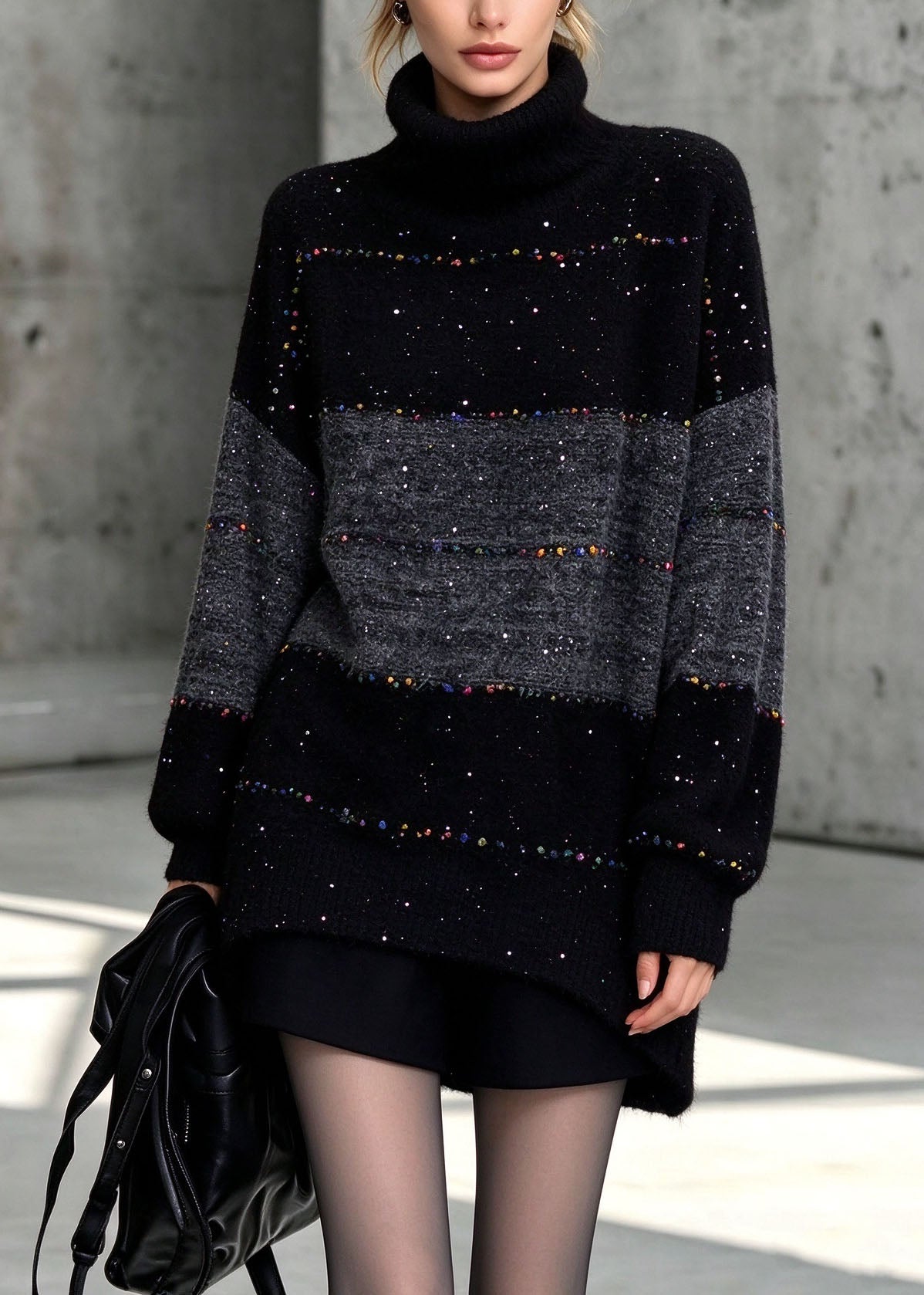 Italian Black Hign Neck Thick Patchwork Knit Sweaters Fall