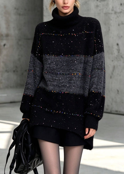Italian Black Hign Neck Thick Patchwork Knit Sweaters Fall