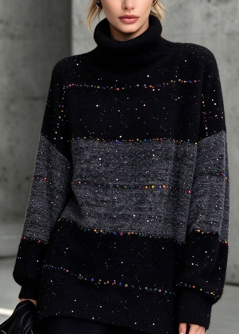Italian Black Hign Neck Thick Patchwork Knit Sweaters Fall