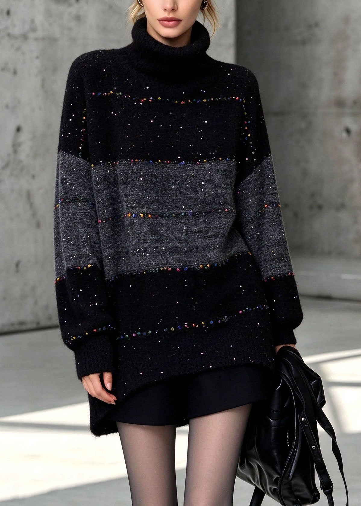 Italian Black Hign Neck Thick Patchwork Knit Sweaters Fall