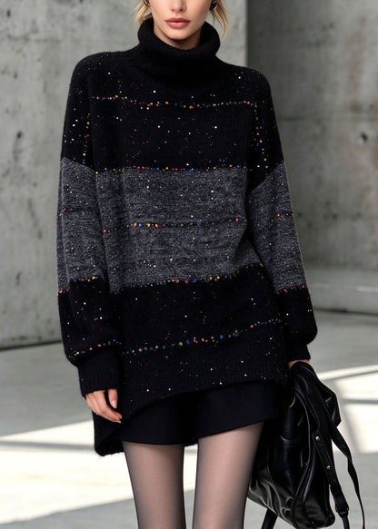Italian Black Hign Neck Thick Patchwork Knit Sweaters Fall