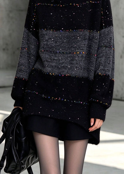 Italian Black Hign Neck Thick Patchwork Knit Sweaters Fall