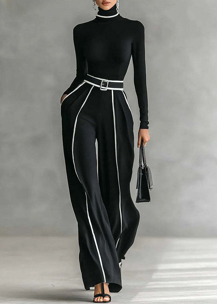Italian Black Hign Neck Top And Pants Cotton Sets 2 Pieces Spring