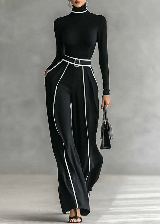 Italian Black Hign Neck Top And Pants Cotton Sets 2 Pieces Spring