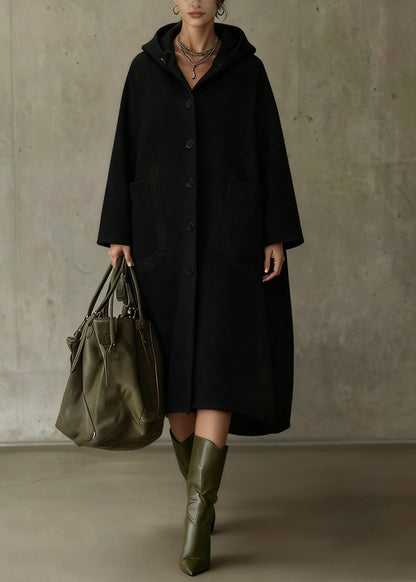 Italian Black Hooded Button Pockets Woolen Long Coat Spring