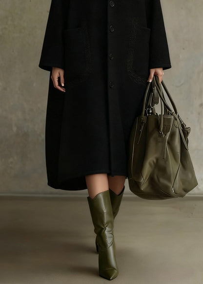 Italian Black Hooded Button Pockets Woolen Long Coat Spring