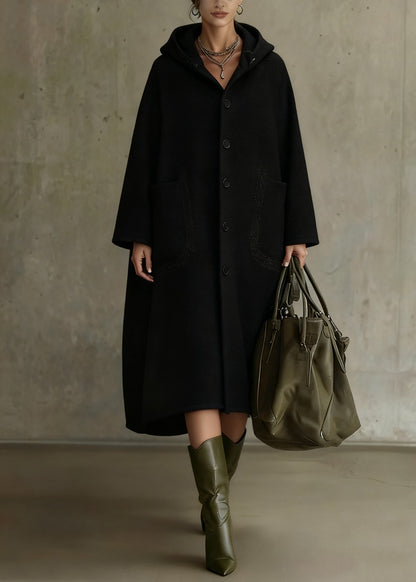 Italian Black Hooded Button Pockets Woolen Long Coat Spring
