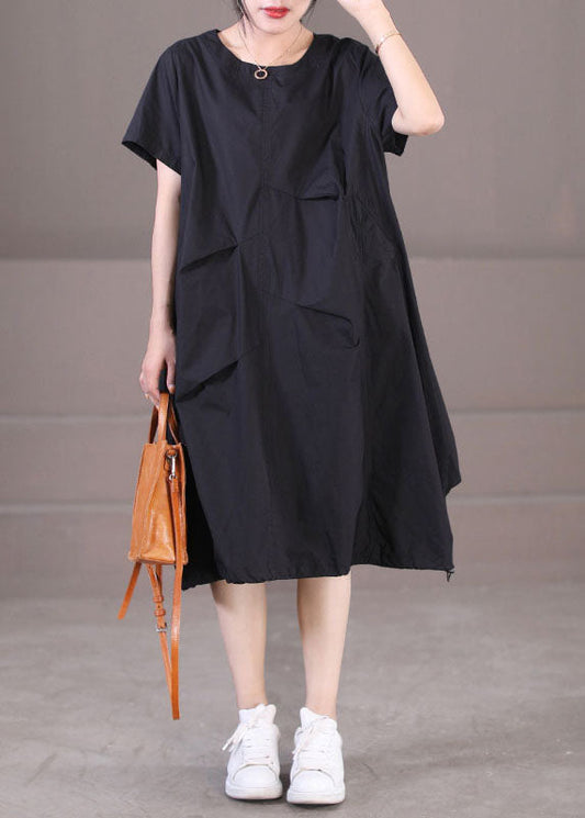 Italian Black O-Neck Drawstring Cotton Long Dress Short Sleeve