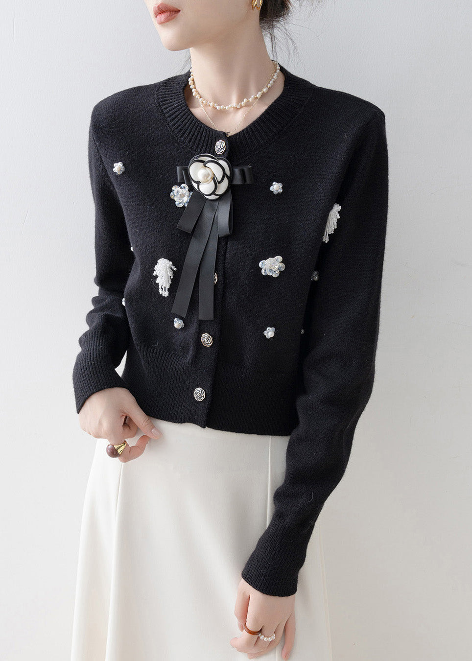 Italian Black O-Neck Floral Knit Cardigans Winter