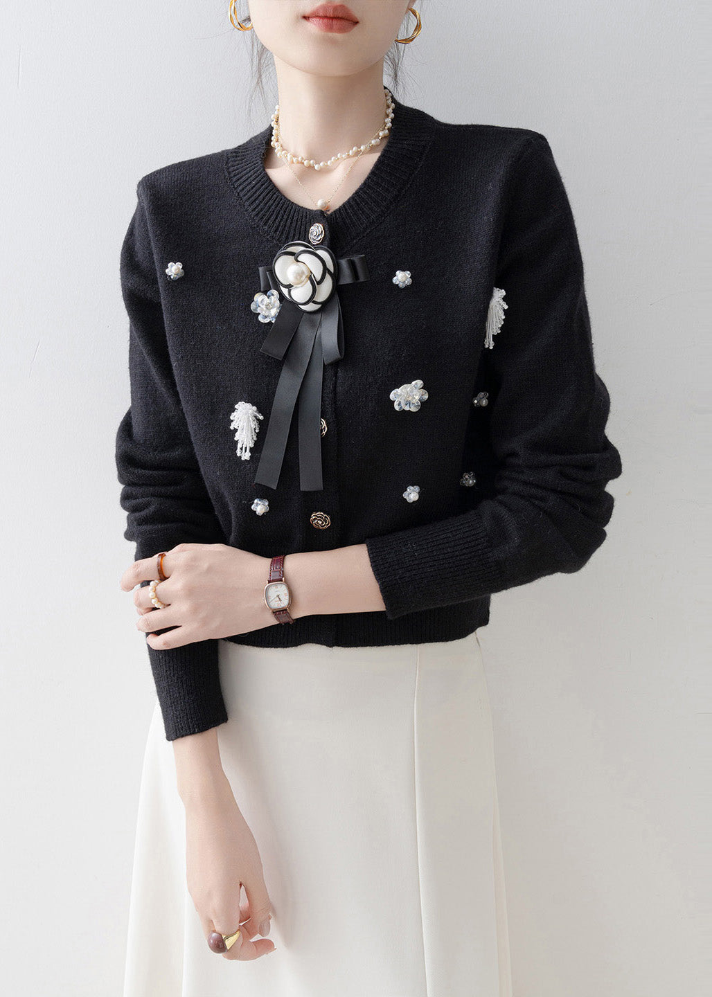 Italian Black O-Neck Floral Knit Cardigans Winter