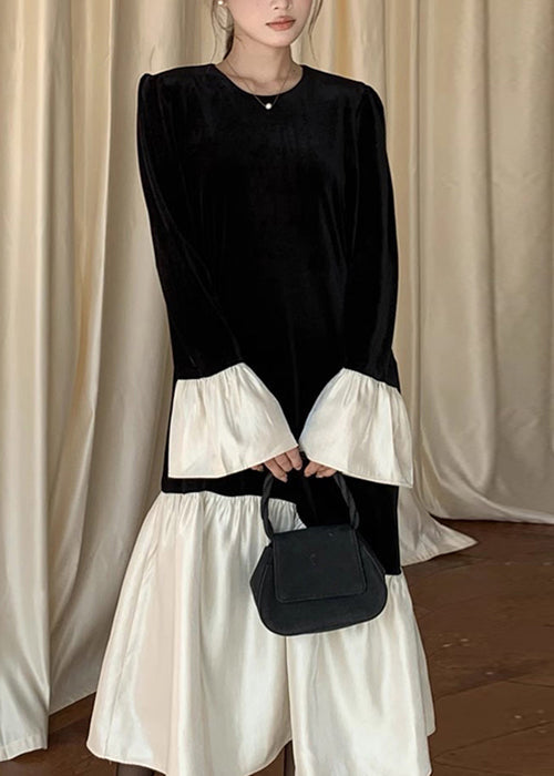 Italian Black O Neck Patchwork Silk Velvet Long Dress Flare Sleeve
