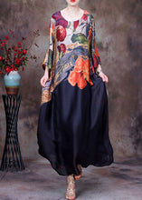 Load image into Gallery viewer, Italian Black O Neck Print Pockets Silk Long Dress Summer