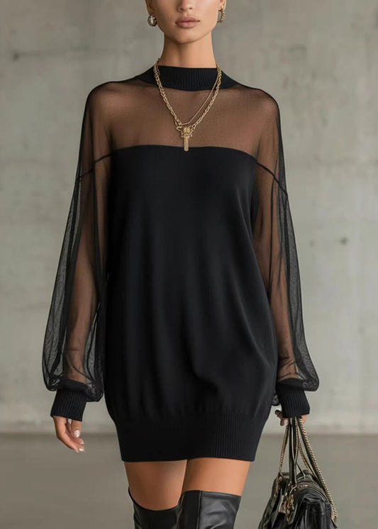 Italian Black O-Neck Tulle Patchwork Mid Dresses Fall