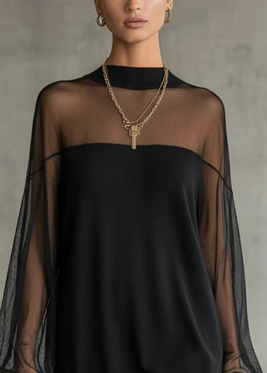 Italian Black O-Neck Tulle Patchwork Mid Dresses Fall