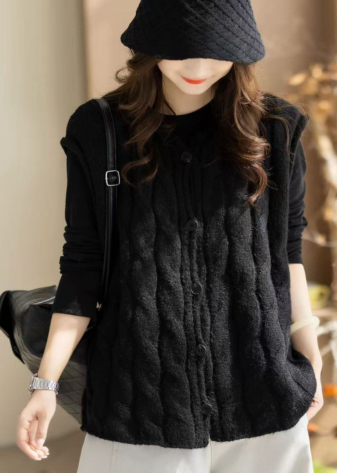 Italian Black O-Neck Warm Knitted Tops Winter