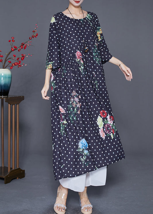 Italian Black Oversized Print Wrinkled Silk Long Dress Bracelet Sleeve