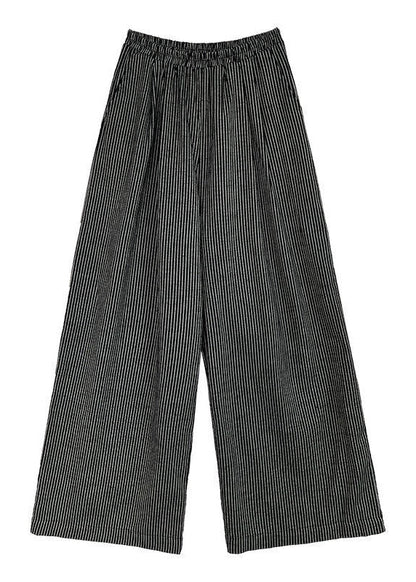 Italian Black Oversized Striped Cotton Wide Leg Pants Spring
