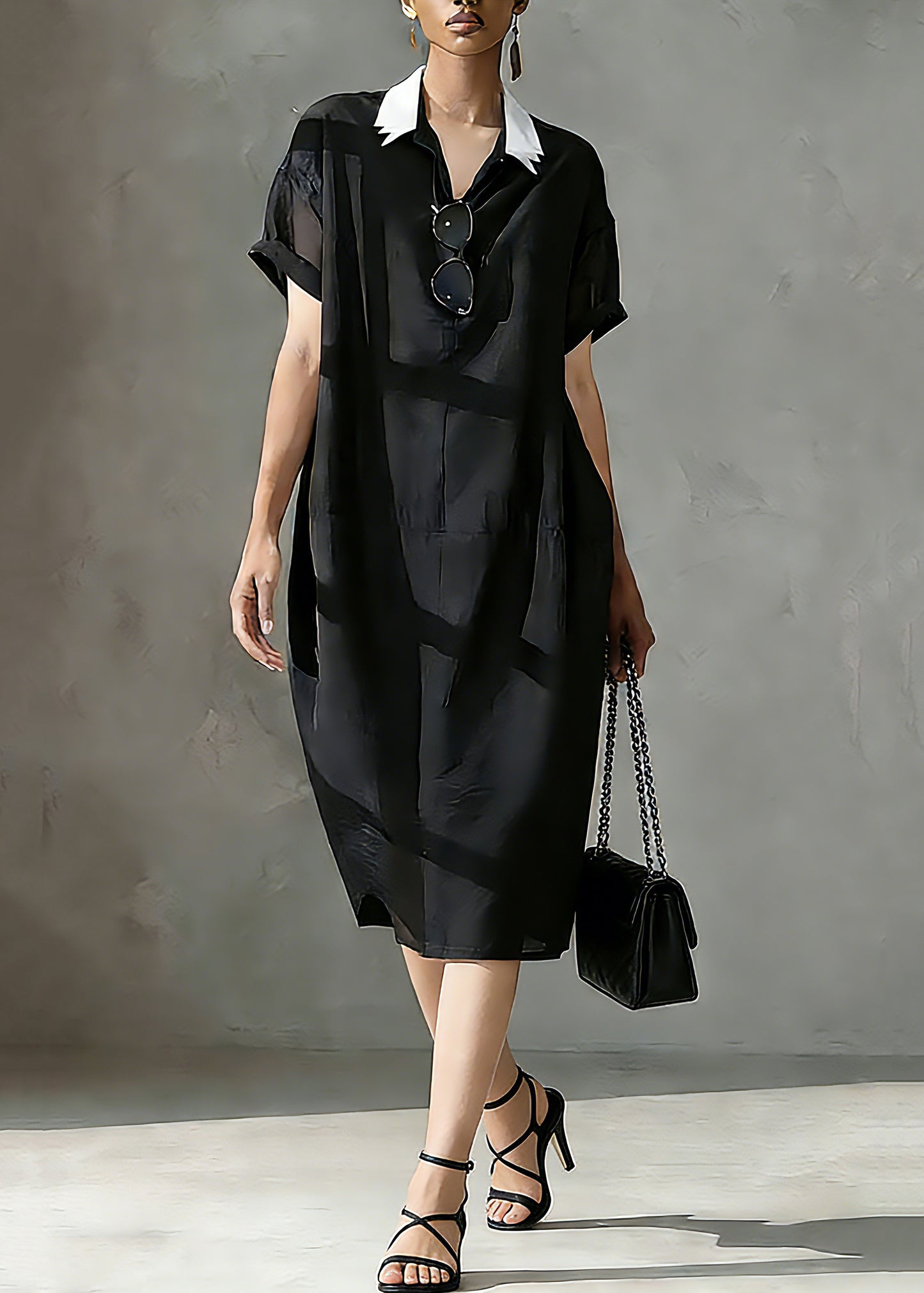 Italian Black Peter Pan Collar Patchwork Vacation Long Dresses Short Sleeve