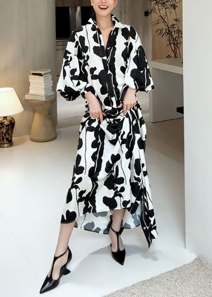 Italian Black Peter Pan Collar Print Shirts Dresses Fall