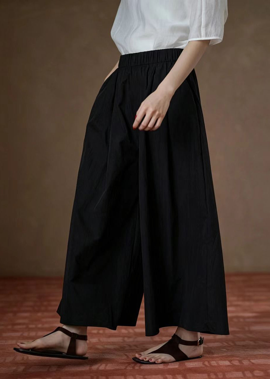 Italian Black Pockets Elastic Waist Wide Leg Crop Pants Summer