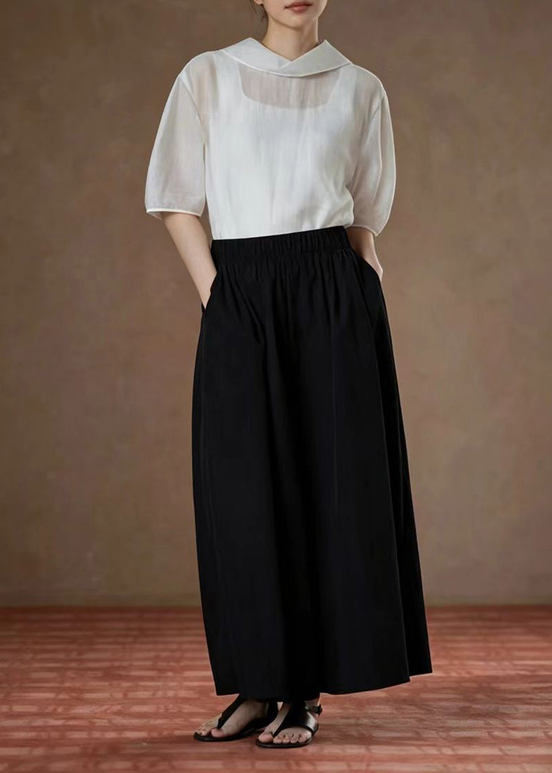 Italian Black Pockets Elastic Waist Wide Leg Crop Pants Summer