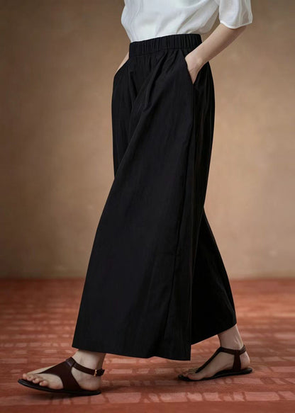 Italian Black Pockets Elastic Waist Wide Leg Crop Pants Summer