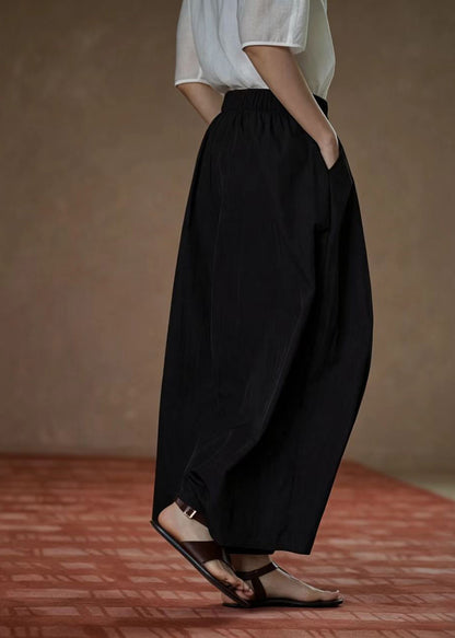 Italian Black Pockets Elastic Waist Wide Leg Crop Pants Summer