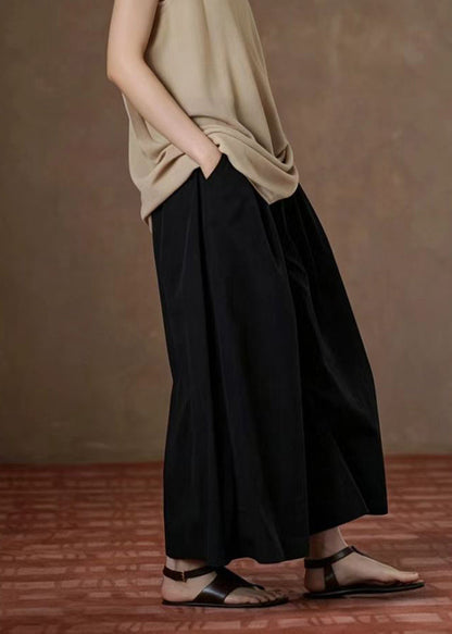Italian Black Pockets Elastic Waist Wide Leg Crop Pants Summer
