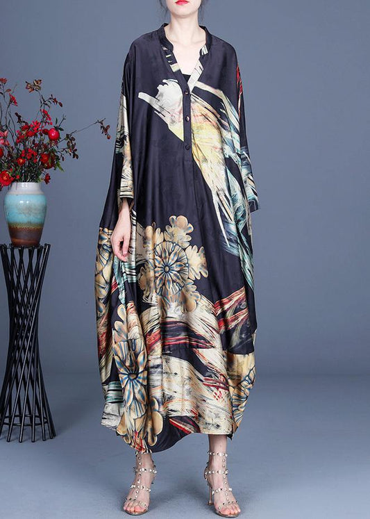 Italian Black Print Button Summer Spring Chiffon Dress - SooLinen