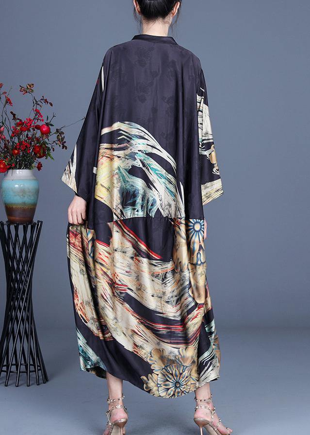 Italian Black Print Button Summer Spring Chiffon Dress - SooLinen