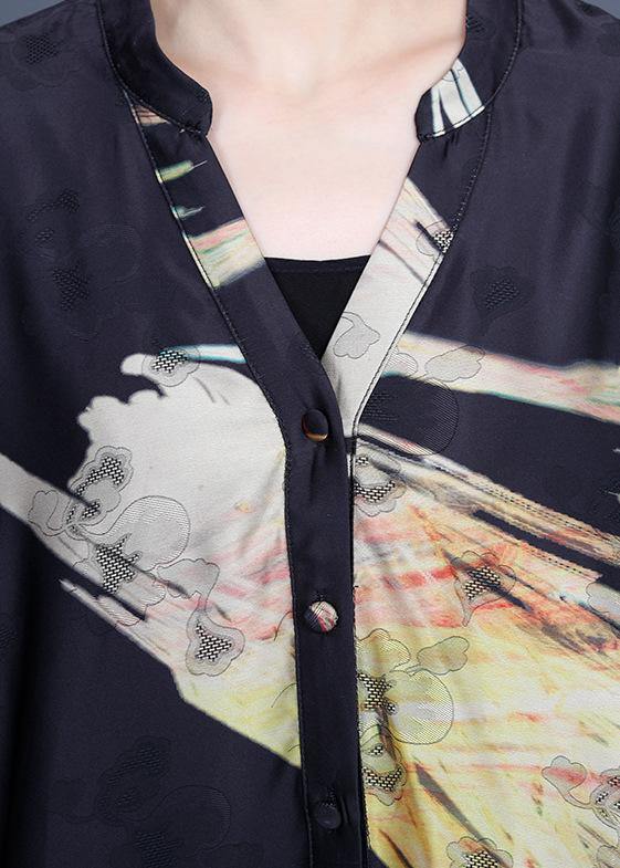 Italian Black Print Button Summer Spring Chiffon Dress - SooLinen