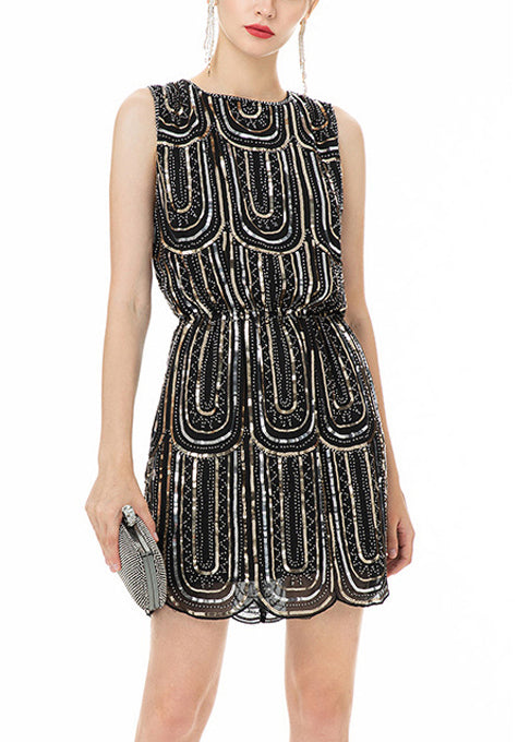 Italian Black Print Chiffon Day Dress Sleeveless