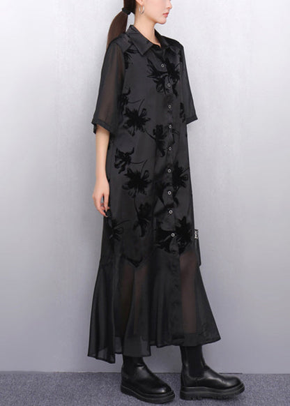 Italian Black Print Tulle Patchwork Blouses Dresses Half Sleeve