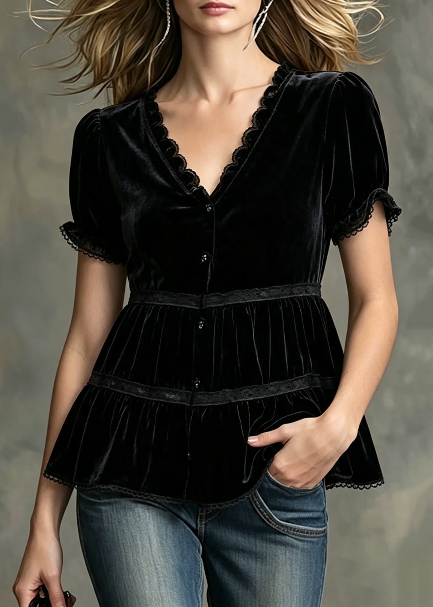 Italian Black Ruffled Patchwork Silk Velour Top Summer