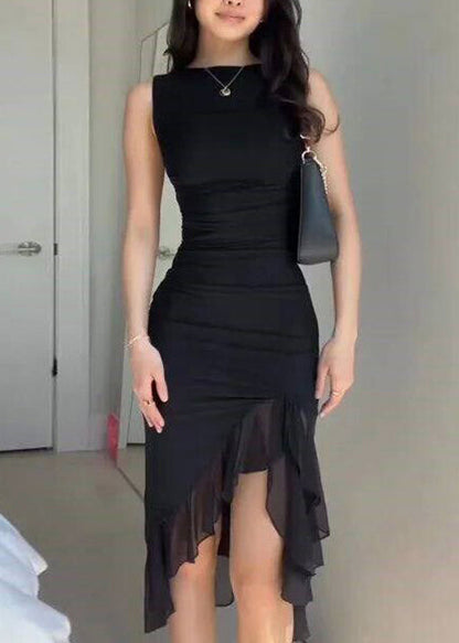 Italian Black Ruffled Patchwork Tulle Dresses Sleeveless